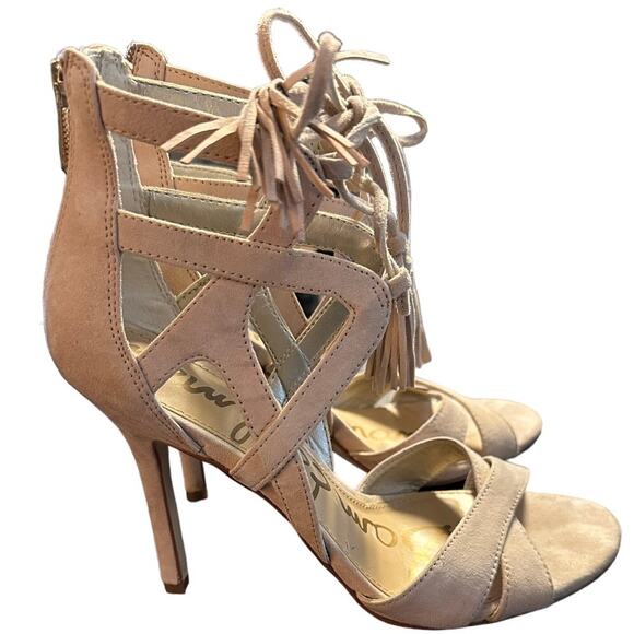 Sam Edelman Suede Azela Ivory Lace Up Strappy Heels Size 8.5 Buff Tan - Picture 2 of 9